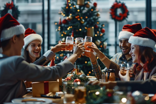 A group of people celebrating christmas with santa hats and glasses Premium AI generated image