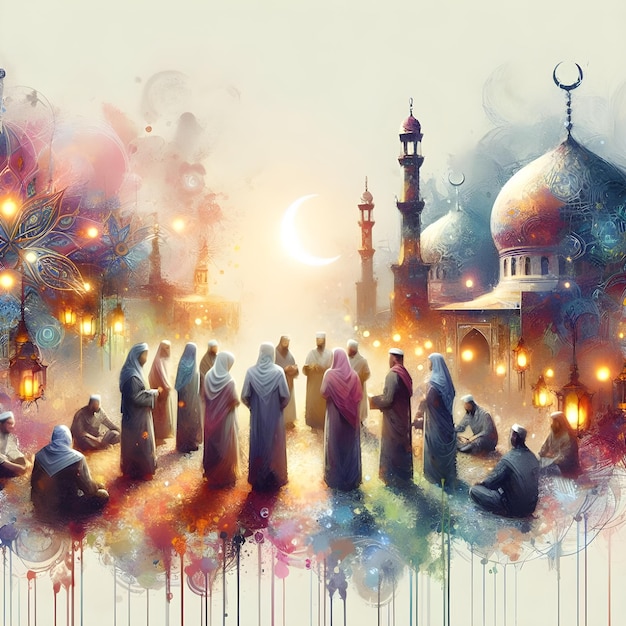 イスラム教徒のコミュニティで聖なる祭りであるEid al-Adhaを祝う人々のグループ抽象的な絵画