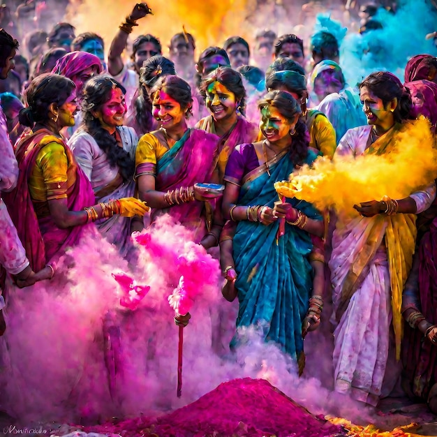 A group of people celebrating Holi and throwing Gulal into the air