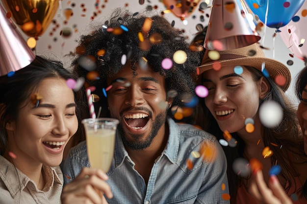 Photo a group of people celebrating a party with confetti