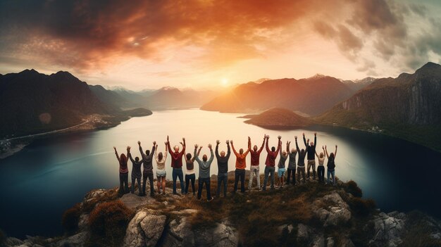 Photo group of people celebrating on the top of mountain