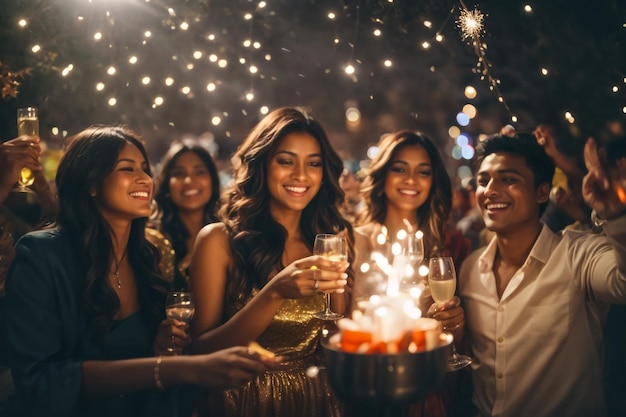 Group of people celebrating with champagne and sparklers