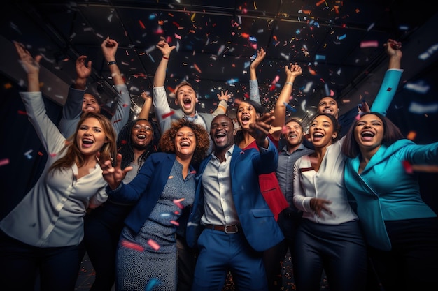 A group of people celebrating with confetti in the air