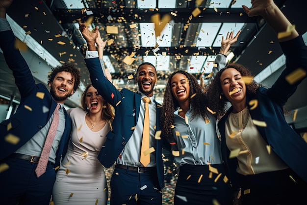 A group of people celebrating with confetti in the air