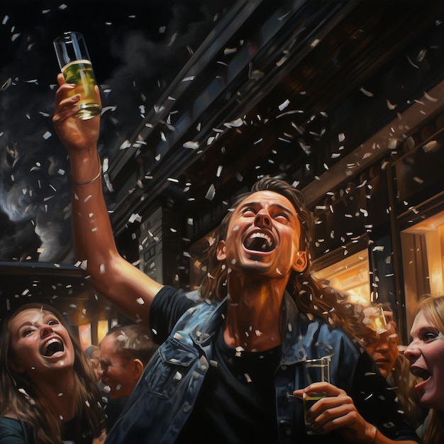 Foto un gruppo di persone che festeggia con i confetti in aria
