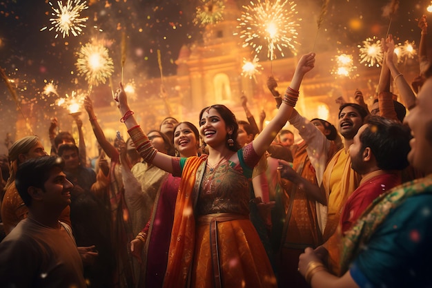 a group of people celebrating with fireworks in the background Dussehra