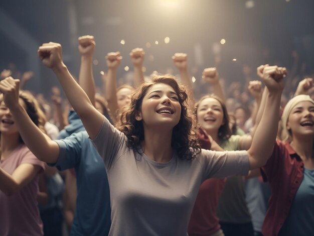 환호하는 사람들의 그룹은 ai에 의해 생성된 기으로 팔을 들어 올렸습니다.