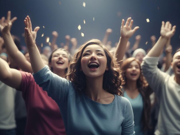 Group of people cheering arms raised in joy generated by ai