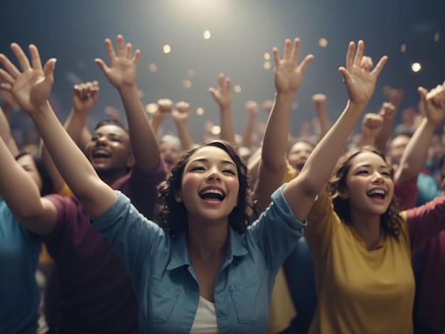 Photo group of people cheering arms raised in joy generated by ai