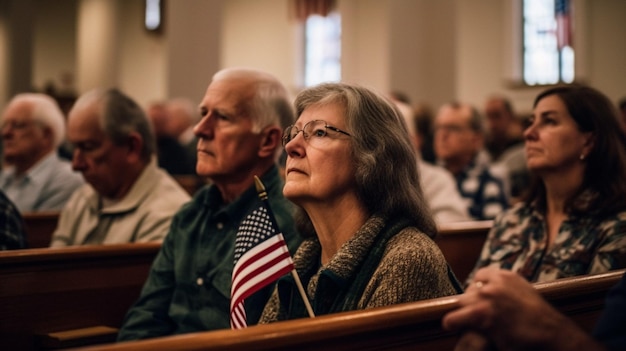 A group of people in a church with a small flag