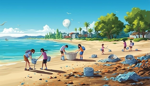a group of people cleaning up trash on a beach