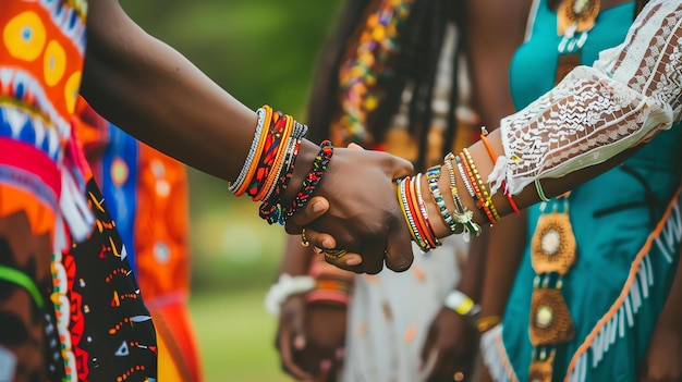 Un gruppo di persone di colore che si tengono per mano in unità indossando abiti tradizionali e braccialetti di perle