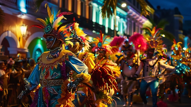 Группа людей в красочных костюмах танцует и веселится на карнавале. Изображение полно энергии и волнения.