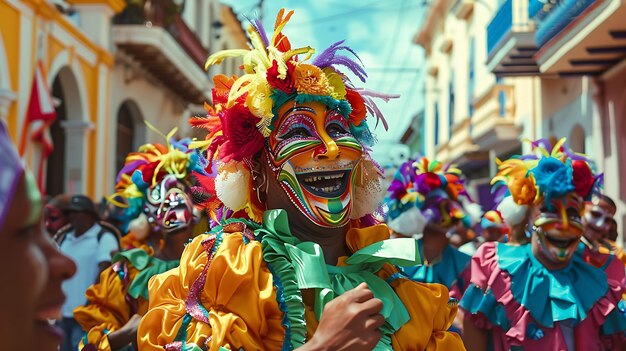 A group of people in colorful costumes and masks are dancing and celebrating in a street