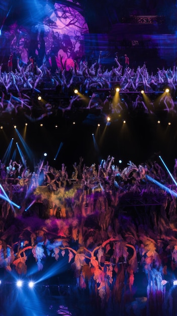 A group of people in colorful costumes perform on a stage that is lit up with bright lights