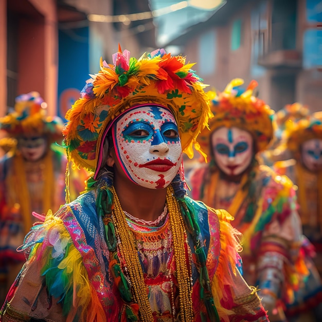 A group of people in colorful costumes with colorful feathers and a white face.