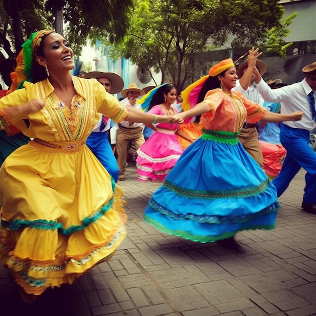 A group of people in colorful dresses are dancing in the street