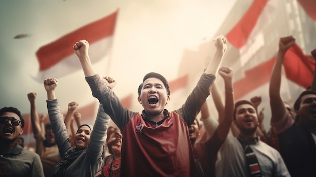 Foto un gruppo di persone ha commemorato il giorno dell'indipendenza indonesiana per strada portando una bandiera rossa e bianca