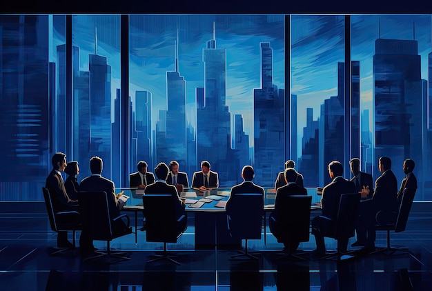 a group of people in a conference room with a city skyline in the background