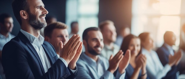 Foto un gruppo di persone in una conferenza con le mani alzate in aria