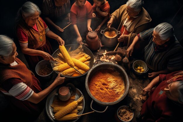 Photo a group of people cooking corn on a stove with a fire in the background