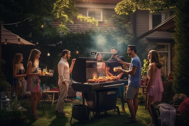 a group of people cooking food at a barbecue.