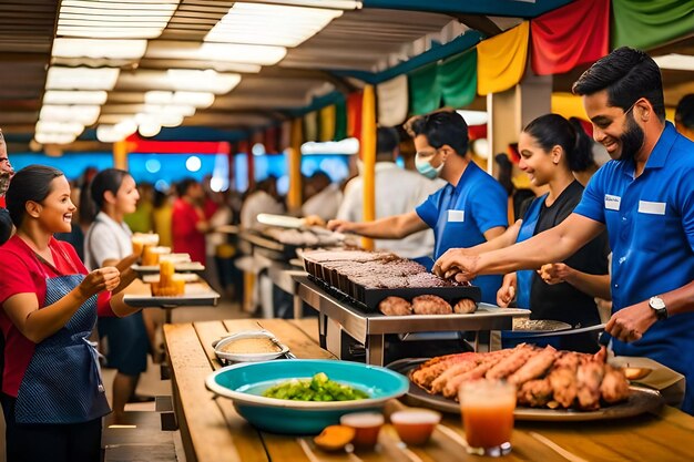 A group of people cooking food in a restaurant with a sign that says