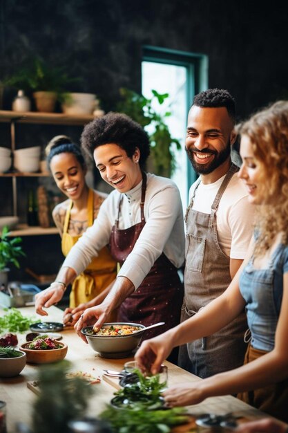 Foto un gruppo di persone che cucinano insieme in una cucina