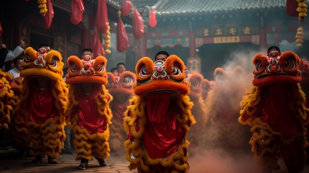 A group of people in costumes perform in front of a red door.