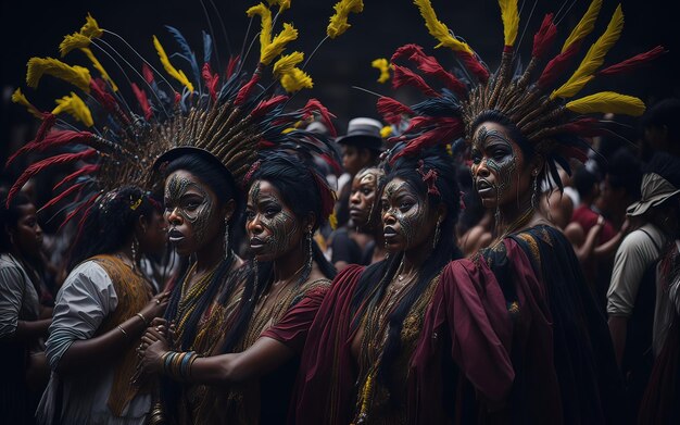 A group of people in costumes with feathers on their heads stand in a parade.