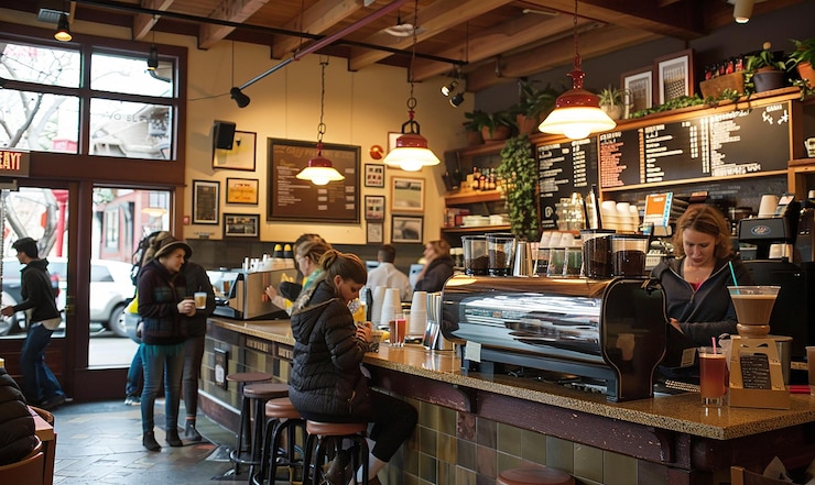 Photo group of people at the counter in shop
