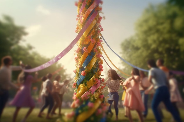 group of people dance joyfully around a Maypole in a traditional celebration AI generated