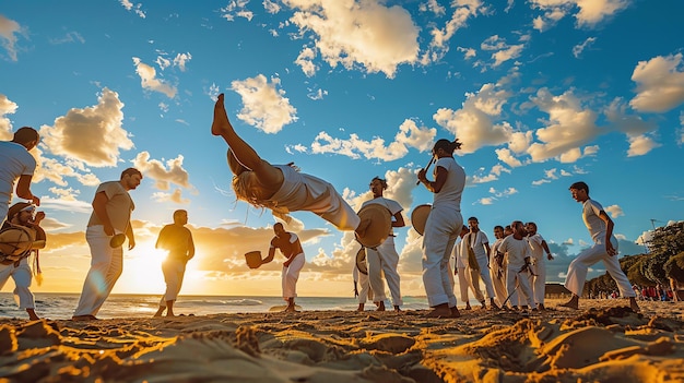 Foto un gruppo di persone che ballano la capoeira sulla spiaggia indossano abiti bianchi e suonano strumenti tradizionali