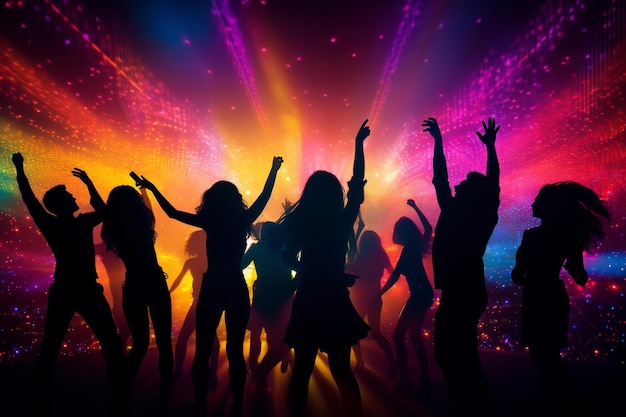 A group of people dancing in a disco with colorful lights and a colorful background.