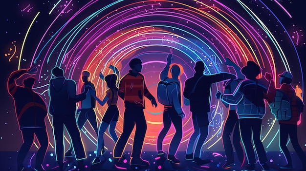 A group of people dancing in front of a rainbow of lights