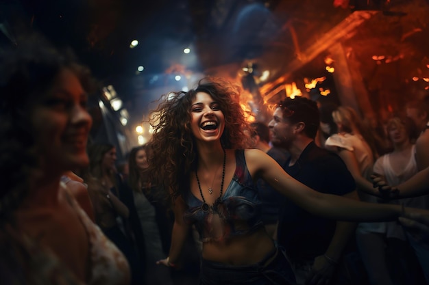 A group of people dancing at a party at night