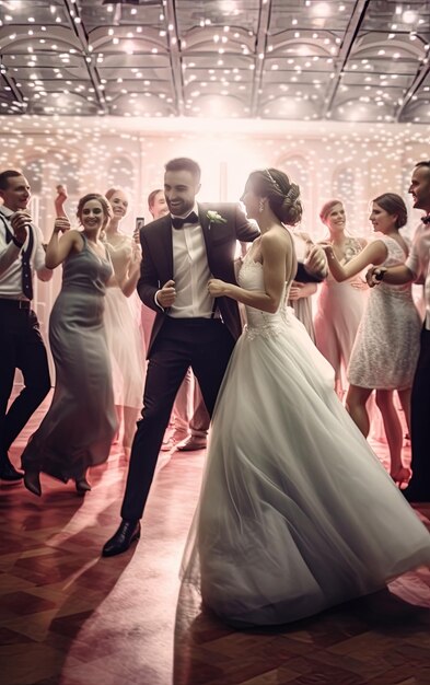 Photo a group of people dancing in a room with the lights on