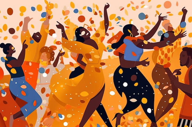 Group of people dancing with confetti and in the style of editorial illustrations