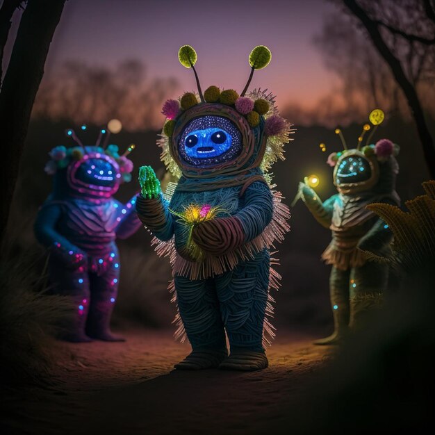 A group of people in a dark forest with a blue alien costume.