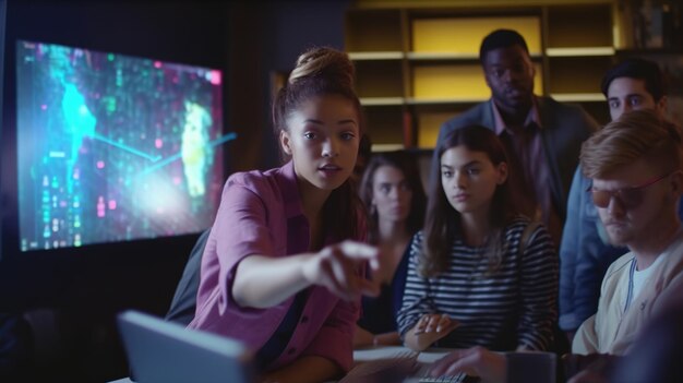 A group of people in a dark room, one of them pointing at a computer screen that says'cyber security '