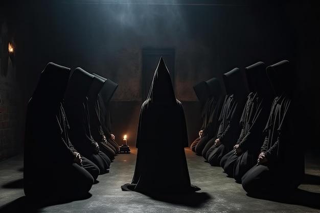 Группа людей в костюмах смерти, сидящих в ряду в темной комнате, избирательная фокус, церемония тайного общества, люди в капюшонах, молящиеся вместе, члены секты выполняют ритуал в темноте, созданный ИИ.