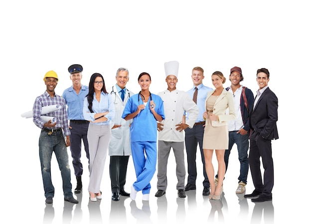 Group of people different career and professionals standing in white background for employment or qualifications Diversity happy workers and success motivation or future vision isolated in studio