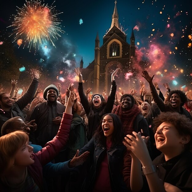 異なる民族の集団が背景に花火を放って新年を迎えています