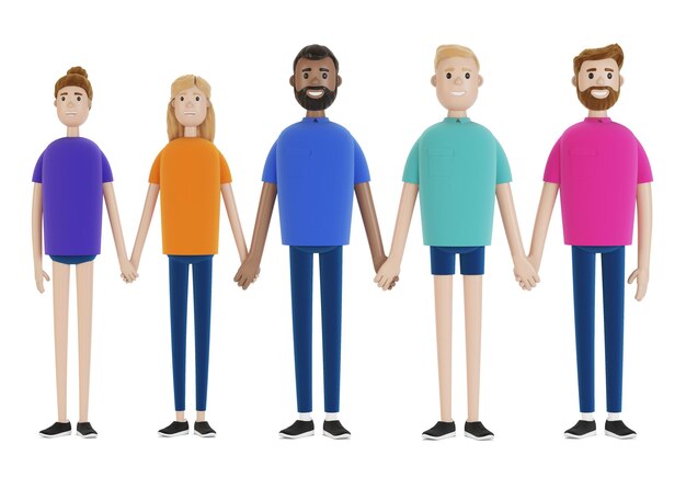 Foto un gruppo di persone di diverse nazionalità si tiene per mano. concetto di amicizia. illustrazione 3d in stile cartone animato.