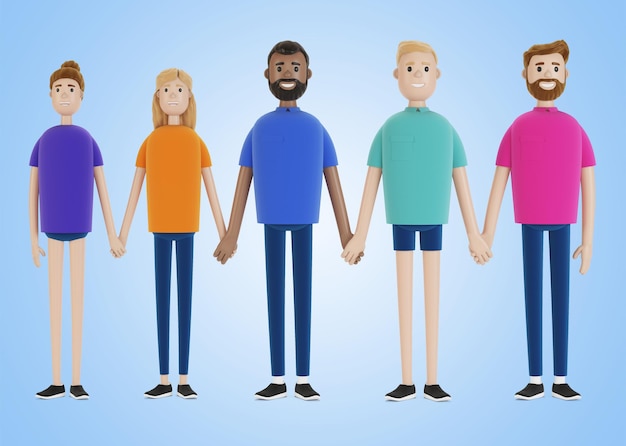 Photo a group of people of different nationalities hold hands. friendship concept. 3d illustration in cartoon style.