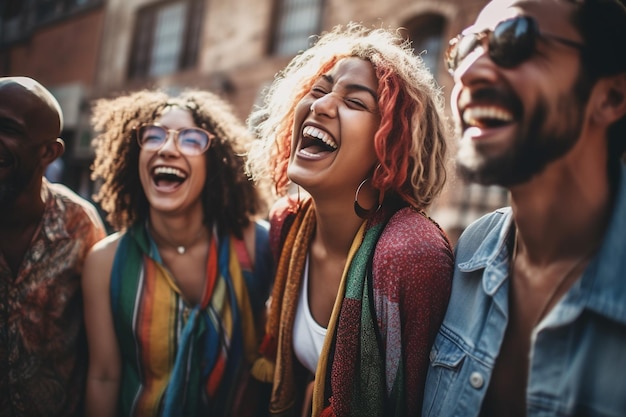 Un gruppo di persone di diverse nazionalità che ridono nazionalità di età diverse che si divertono insieme divertendosi insieme ridendo sorridendo divertimento relax rispetto pace ia generativa