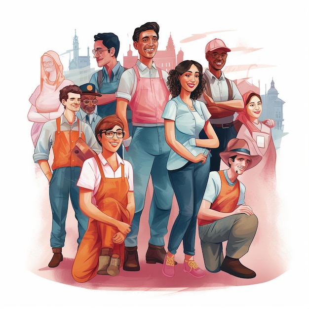 A group of people in different professions standing to celebrate labour day illustration