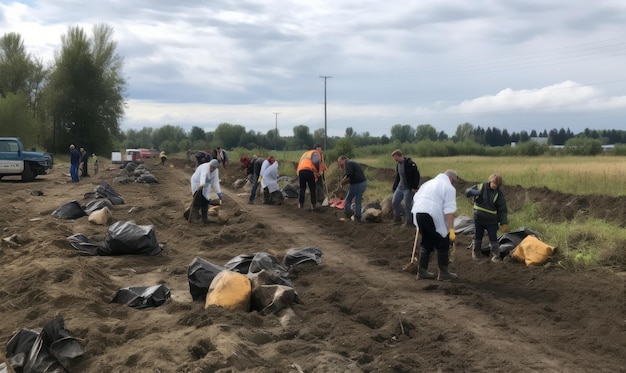 A group of people digging in a field