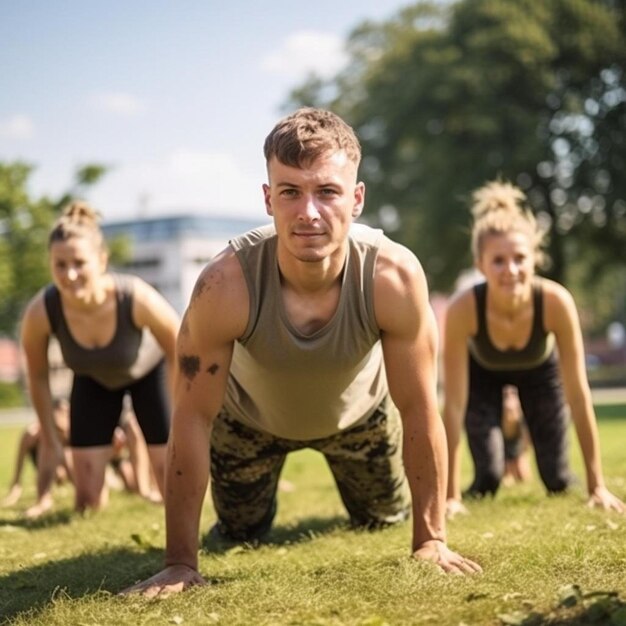 a group of people doing push ups in a park