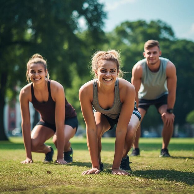 a group of people doing push ups in a park